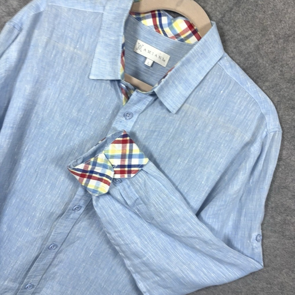 Amiani Linen Shirt Mens Sz L Blue Flip Cuff Roll Tab Lightweight Classic‎
